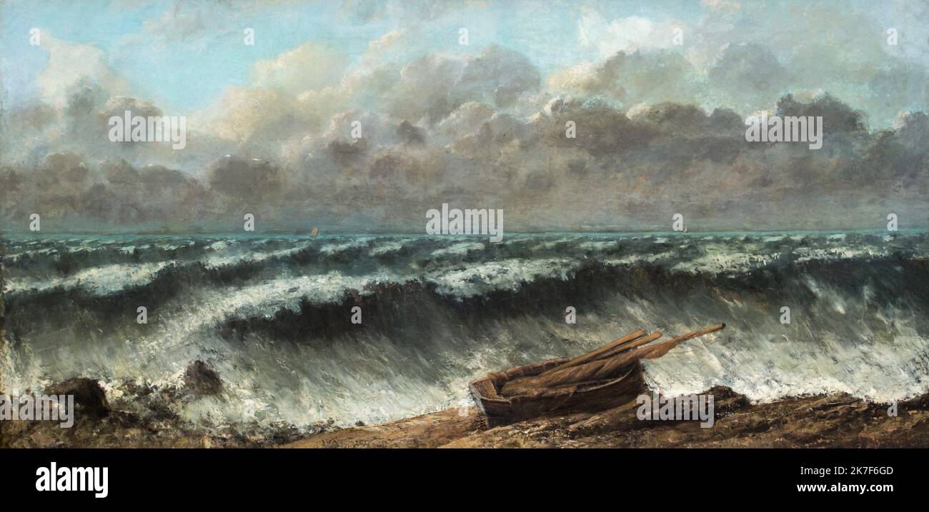 ©Active Museu/MAXPPP - ActiveMuseum 0001532.jpg / Les Vagues, 1869 - Gustave Courbet 1869 - / Gustave Courbet / Peinture Active Museum / Le Pictorium Beach ,Cloudy sky ,Horizontal ,Realism ,Rough sea ,Sailing ,Sailing boat ,Sea ,Small boat ,Spume ,Wave ,19th century ,Gustave Courbet ,Painting ,  Stock Photo