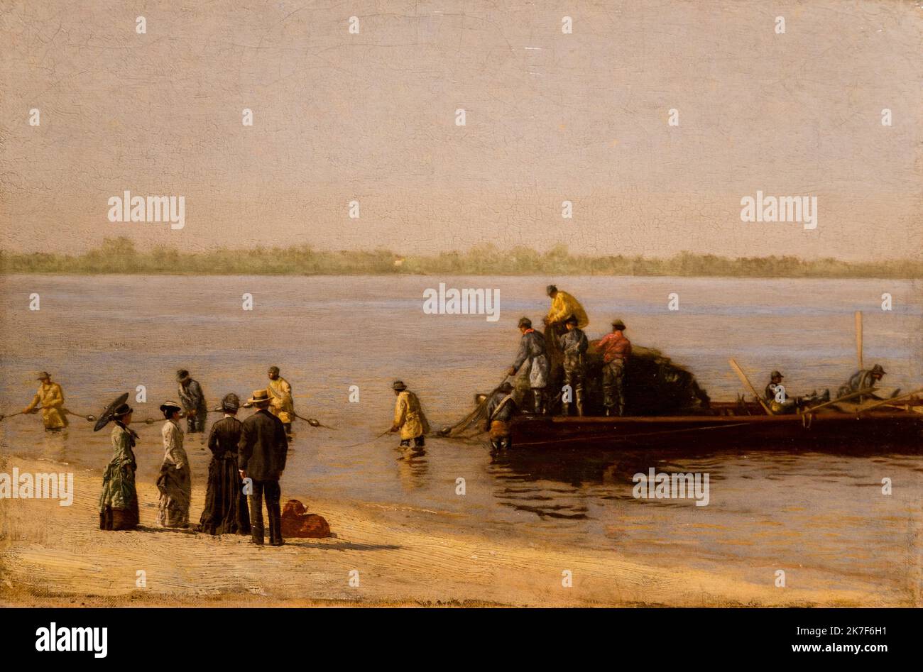 ©Active Museu/MAXPPP - ActiveMuseum 0001536.jpg / Peche a l'alose a Gloucester sur la riviere Delaware, 1881 - Thomas Eakins 1881 - / Thomas Eakins / Peinture Active Museum / Le Pictorium Beach ,Fisherman ,Fishing ,Fishing net ,Glassy sea ,Horizontal ,Oar ,Passer-by ,Realism ,Shad ,Small boat ,America ,Delaware river ,North America ,United States ,19th century ,Thomas Eakins ,Painting ,  Stock Photo