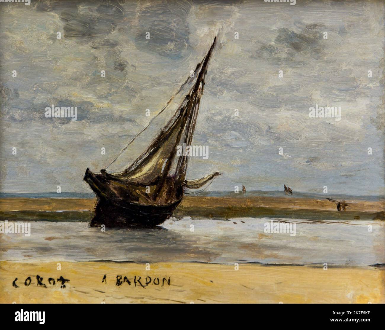 ©Active Museu/MAXPPP - ActiveMuseum 0001646.jpg / Trouville. Bateau echoue, dit Bateau de peche a maree basse, vers 1840 - Camille Corot Peinture a l'huile sur toile 1840 - / Camille Corot / Peinture Active Museum / Le Pictorium Bird ,Cloudy skies ,Fishing boat ,Horizontal ,Low tide ,Wrecked ship ,Calvados (french department) ,Europe ,France ,Lower Normandy ,Normandy ,Trouville ,Western Europe ,19th century ,Camille Corot ,Painting ,  Stock Photo