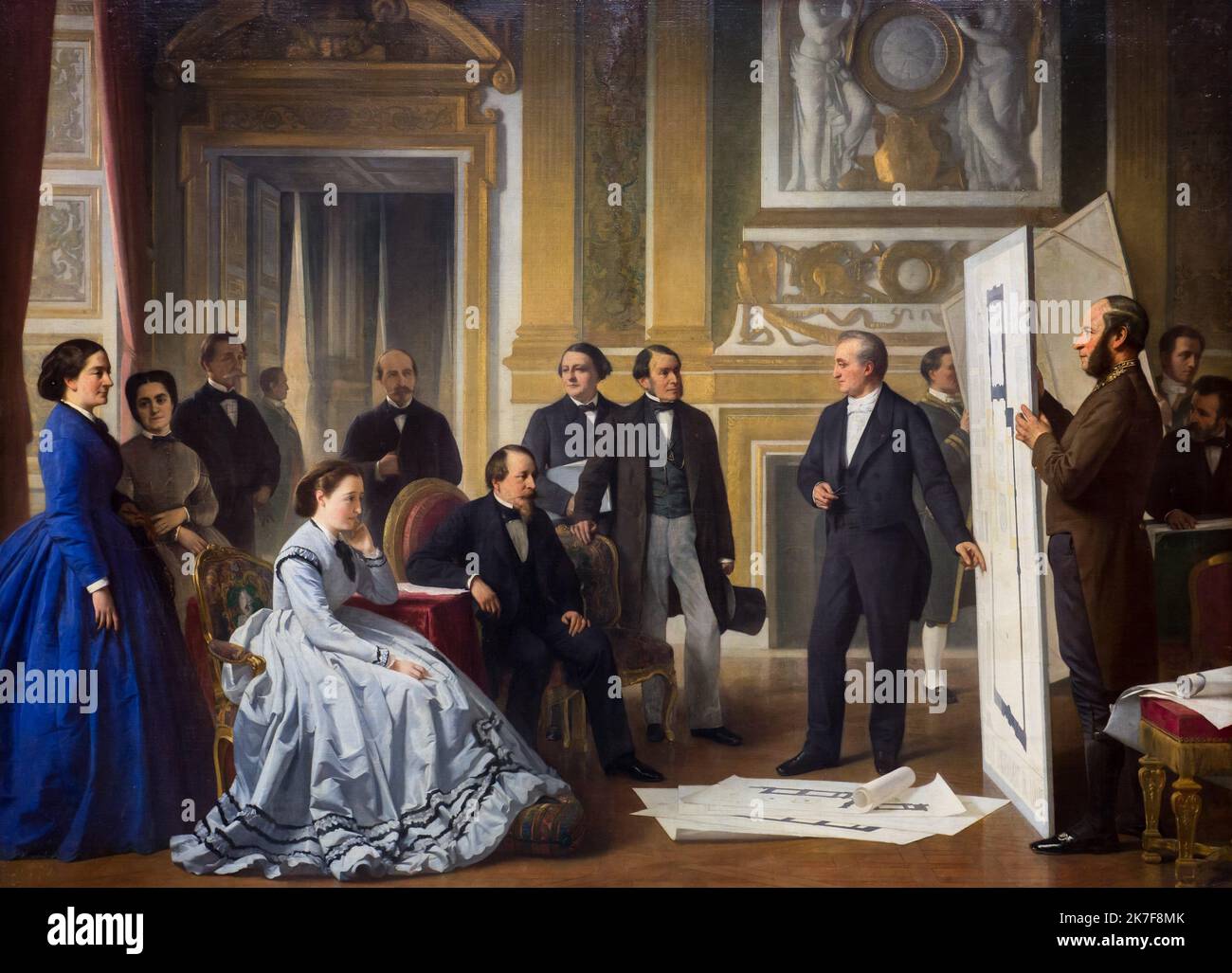©Active Museu/MAXPPP - ActiveMuseum 0001919.jpg / Visconti presente a Napoleon III les plans du nouveau Louvre, 1865 - Ange Tissier Peinture a l'huile ; toile 1865 - / Ange Tissier / Peinture Active Museum / Le Pictorium Architect ,Architecture ,Armchair ,Brown ,Castle ,Completion ,Countess ,Couple ,Group ,Hair tied back ,Historical scene ,Horizontal ,Imperial ,Man ,Map ,New () ,Presentation ,Royal costume ,Sitting (to be) ,Woman ,Tuileries Palace ,Castle of Versailles ,Napoleon III ,Visconti ,19th century ,Ange Tissier ,Painting ,  Stock Photo