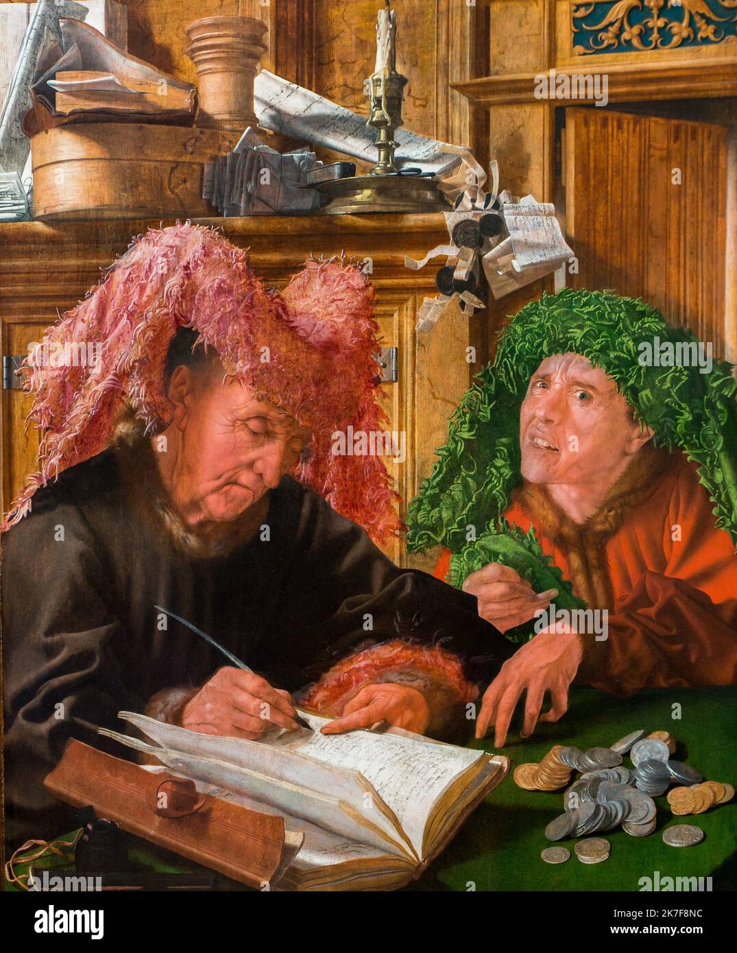 ©Active Museu/MAXPPP - ActiveMuseum 0001948.jpg / Le Collecteur d'Impots, vers 1535 - Marinus van Reymerswaele 1535 - / Marinus van Reymerswaele / Peinture Active Museum / Le Pictorium 2 people ,Book ,Candlestick ,Coin ,Collector () ,Finance ,Man ,Money ,Opened book ,Paper ,Tax ,Vertical ,Wig ,Write (to) ,Renaissance () ,Marinus van Reymerswaele ,Painting ,  Stock Photo