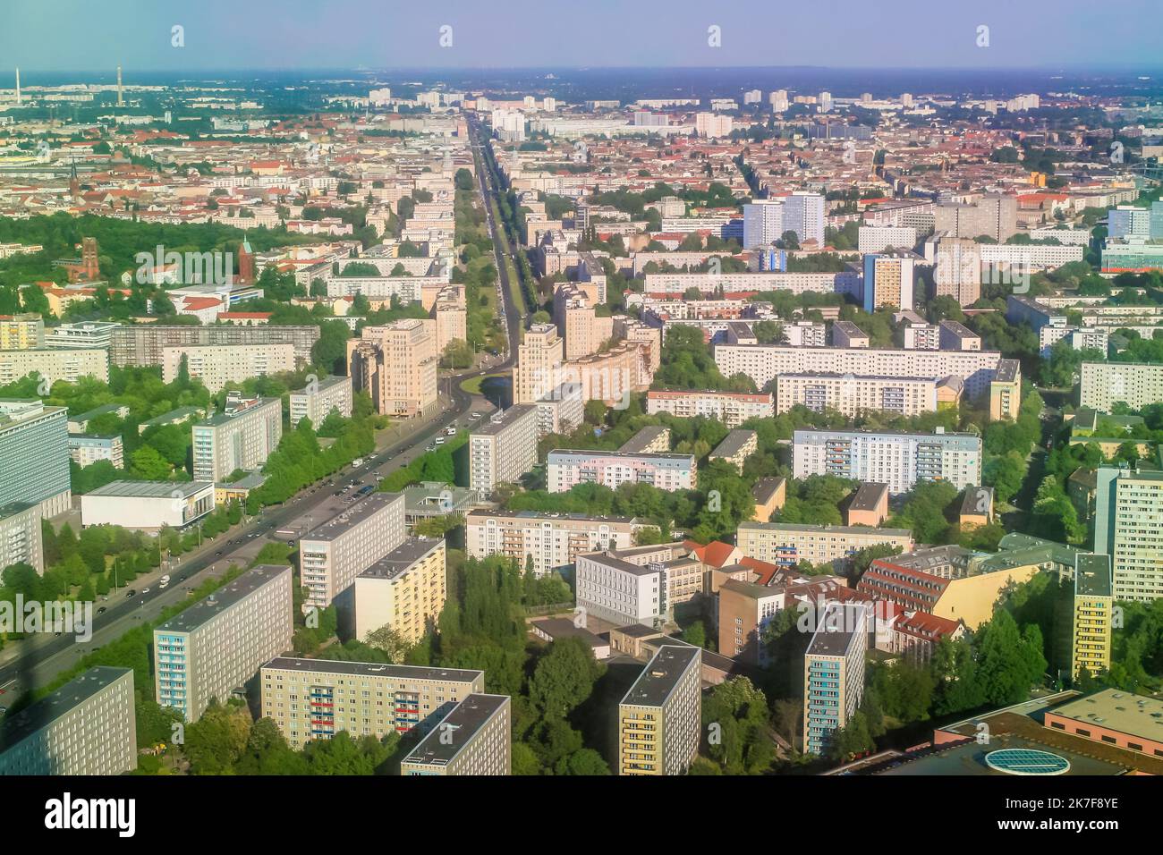 Karl Marx East Berlin avenue and communist era buildings from above
