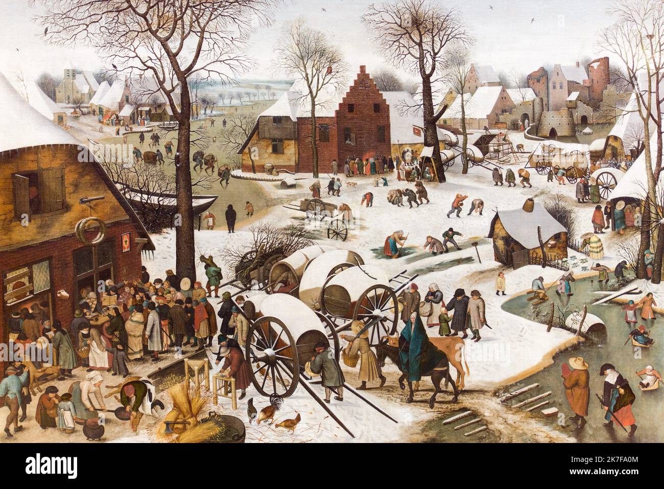 ©Active Museu/MAXPPP - ActiveMuseum 0002840.jpg / Le Denombrement de Bethleem Panneau de chene 1610 - / Pieter Brueghel le Jeune / Peinture Active Museum / Le Pictorium Boat ,Cart (barrow) ,Cereal (grain) ,Child ,Clear ,Cold ,Count (number) ,Crowd ,Dead wood ,Freeze-up ,Horizontal ,Ice (frost) ,Man ,Map out (to) ,Pay for (to) ,Play (to) ,Population ,Snow ,Strangle (to) ,Tax ,Tithe ,To skate ,Village ,Winter ,Wintry landscape ,Woman ,Bethlehem ,Israel ,Judea ,Middle East ,17th century ,Pieter Brueghel the Younger ,Painting ,  Stock Photo