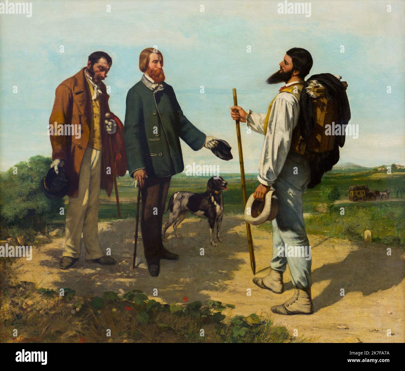 ©Active Museu/MAXPPP - ActiveMuseum 0002996.jpg / Rencontre de Bruyas et de Courbet sur la route de Montpellier Huile sur toile 1854 - / Gustave Courbet / Peinture Active Museum / Le Pictorium 3 people ,Beard ,Blue sky ,Brown hair ,Bush ,Discussion ,Hat ,Herb ,Horizontal ,Hunting dog ,Man ,Meeting ,Outdoor ,Plain ,Red hair ,Road ,Rucksack ,Servant (person) ,Stick (walking) ,Track ,Tree ,Europe ,France ,Herault (french department) ,Languedoc-Roussillon ,Montpellier ,Western Europe ,Gustave Courbet ,Jacques Louis called Alfred Bruyas ,19th century ,Painting ,  Stock Photo