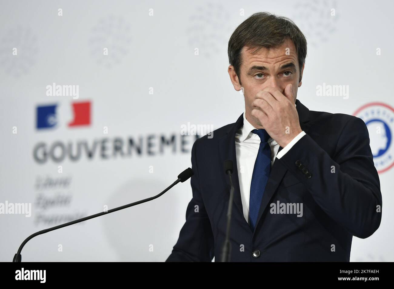 ©Julien Mattia / Le Pictorium/MAXPPP - Interventions des Ministres, Olivier Veran, Agnes Pannier-Runacher, Cedric O et Frederique Vidal lors du lancement de la Strategie d'Acceleration en Sante Numerique a la Station F a Paris, le 18 Octobre 2021. Stock Photo