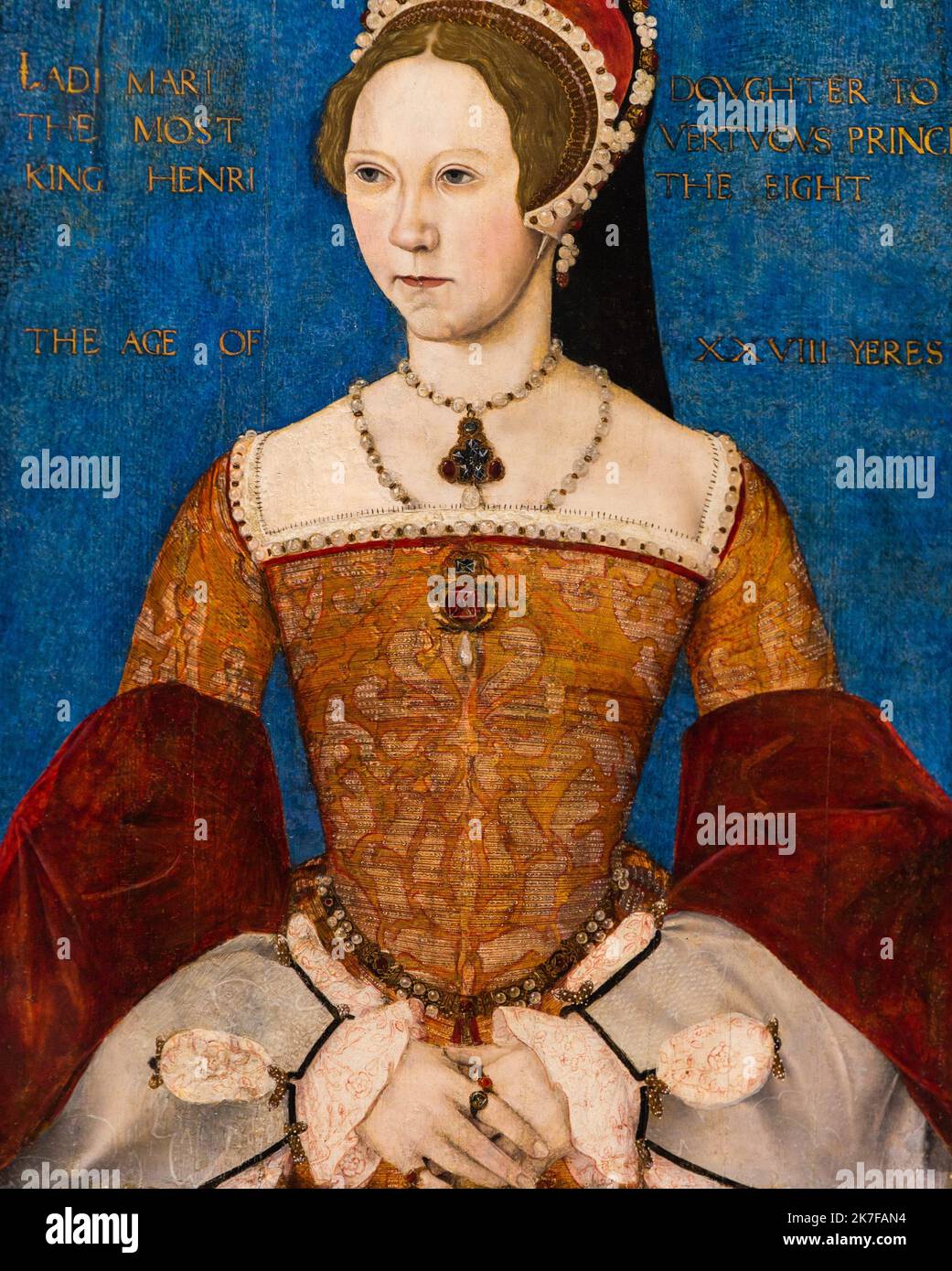 ©Active Museu/MAXPPP - ActiveMuseum 0003624.jpg / Marie I, la soeur de Henry VIII et de Catherine d'Aragon, 1544 - Master John 1544 - / Master John / Peinture Active Museum / Le Pictorium 1 person ,Background ,Blonde-haired ,Blue ,Blue eyes ,Catholic (adj and noun) ,Chest ,Dress ,Dynasty ,Face on ,Father ,Girl ,Gold (Precious metal) ,Headgear ,House of Tudor ,Jewel ,King ,King of England ,Low-cut ,Mother ,Necklace ,Nobility ,Of noble birth ,Pearl ,Pearl necklace ,Pendant ,Period ,Portrait ,Precious stone ,Queen ,Royal family ,Sister ,Spanish royal consorts ,Traditional headdress ,Tudor dynast Stock Photo