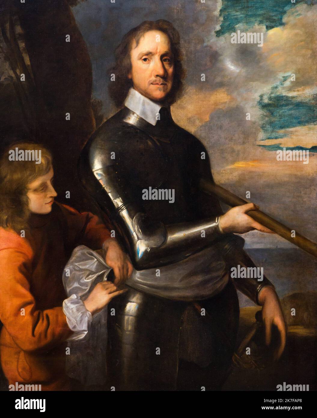 ©Active Museu/MAXPPP - ActiveMuseum 0003741.jpg / Oliver Cromwell, 1658 - Robert Walker Huile sur toile 1658 - / Robert Walker / Peinture Active Museum / Le Pictorium 2 people ,Armor ,Army ,austere ,Belt ,Black armor ,Bourgeois ,Brown hair ,Cloud ,Collar ,Commanding officer ,Dark-eyed ,Dictator ,English ,Gentleman ,Grey ,Ireland ,Landscape ,Lord ,Lord of Commonwealth of England ,Man ,Military ,Nobility ,Of noble birth ,Official dress ,Outdoor ,Politic ,Portrait ,Profile ,Protestant ,Puritanism ,Ribbon ,Scotland ,Soldier ,Stick ,Stiff ,Vertical ,White ,Oliver Cromwell ,17th century ,Robert Wal Stock Photo