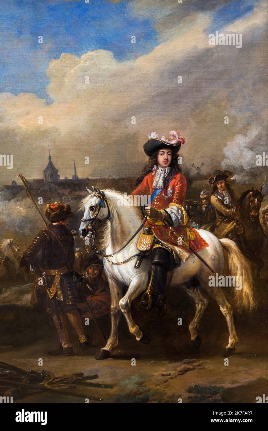 ©Active Museu/MAXPPP - ActiveMuseum 0003729.jpg / James Scott, Duc de Monmouth et Buccleuch, 1675 - Jan van Wyck Huile sur toile 1675 - / Jan van Wyck / Peinture Active Museum / Le Pictorium 1 person ,Battle ,Blue sky ,Boot ,Bourgeois ,Brown ,Buccleuch ,Church ,Cloud ,Duke ,Execution ,Feather ,Fighting ,Glove ,Group ,Hair ,Hat ,House of Stuart ,Long-hair ,Man ,Man on a horse ,Masculine (male) ,Military ,Mill ,Mount () ,Mounted horse ,Nobility ,Of noble birth ,Official dress ,Outdoor ,Portrait ,Profile ,Red ,Soldier ,Stuart dynasty ,Sword ,Vertical ,War scene ,White horse ,Wig ,Europe ,Monmout Stock Photo