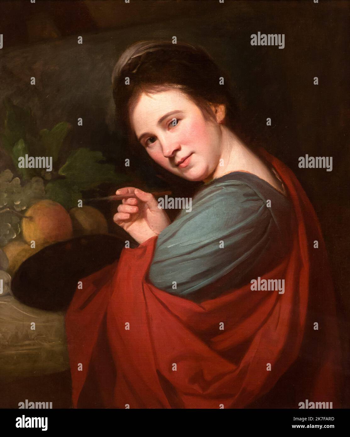 ©Active Museu/MAXPPP - ActiveMuseum 0003762.jpg / Mary Moser 1770 - / George Romney / Peinture Active Museum / Le Pictorium 1 person ,Apple ,Artist ,British ,Brunette ,Brush ,Chest ,Color's range ,Dark-eyed ,English ,Fruit ,Headgear ,Leaf (vegetable) ,Paint (to) ,Painter ,Painting (Activity) ,Portrait ,Profile ,Red ,Shawl ,Smile ,Smiling () ,Vertical ,Waist up ,White grape ,Woman ,Mary Moser ,18th century ,George Romney ,Painting ,  Stock Photo
