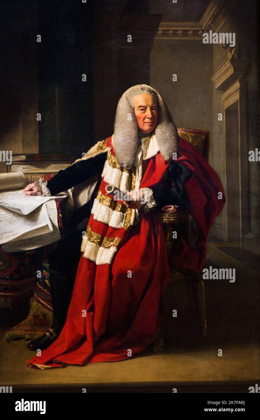 ©Active Museu/MAXPPP - ActiveMuseum 0003752.jpg / William Murray, premier Comte de Mansfield, 1783 - John Singleton Copley Huile sur toile 1783 - / John Singleton Copley / Peinture Active Museum / Le Pictorium 1 person ,Aristocrat ,Armchair ,Book ,British ,Cape ,Count ,Door ,Face ,Face on ,Grey hair ,Interior scene () ,Judge (justice) ,Man ,Moulding ,Nobility ,Of noble birth ,Office ,Politic ,Portrait ,Red ,Scottish ,Sculpture ,Sheet of paper ,Sitting (to be) ,Vertical ,Wig ,Writing roller ,William Murray ,18th century ,John Singleton Copley ,Painting ,  Stock Photo
