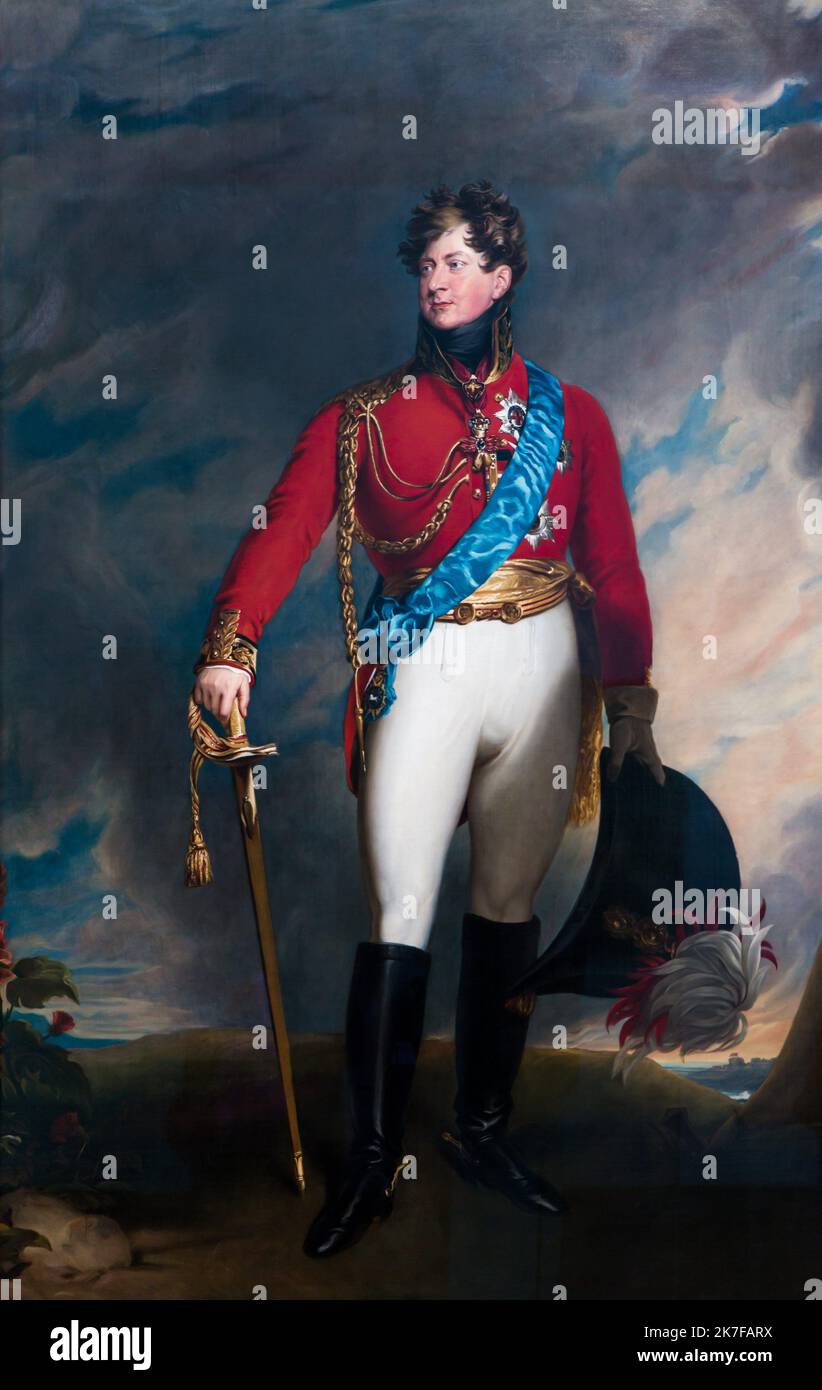 ©Active Museu/MAXPPP - ActiveMuseum 0003743.jpg / le Roi George IV, alors Prince de Galles, 1815 - d'apres Sir Thomas Lawrence 1815 - / Thomas Lawrence / Peinture Active Museum / Le Pictorium 1 person ,Badge ,Blue ,Blue eyes ,Boot ,Brown hair ,Cropped tube leg ,Dynasty of Hanover ,Feather ,Full-length (portrait) ,Gentelman ,Glove ,Gold (color) ,Gold (Precious metal) ,Hat ,House of Hanover ,King ,King of Hanover ,King of Ireland ,King of United Kingdom of Great Britain ,Landscape ,Man ,Military ,Napoleonic war ,Nobility ,Of noble birth ,Official dress ,Old jacket ,Outdoor ,Outfit ,Portrait ,Pr Stock Photo