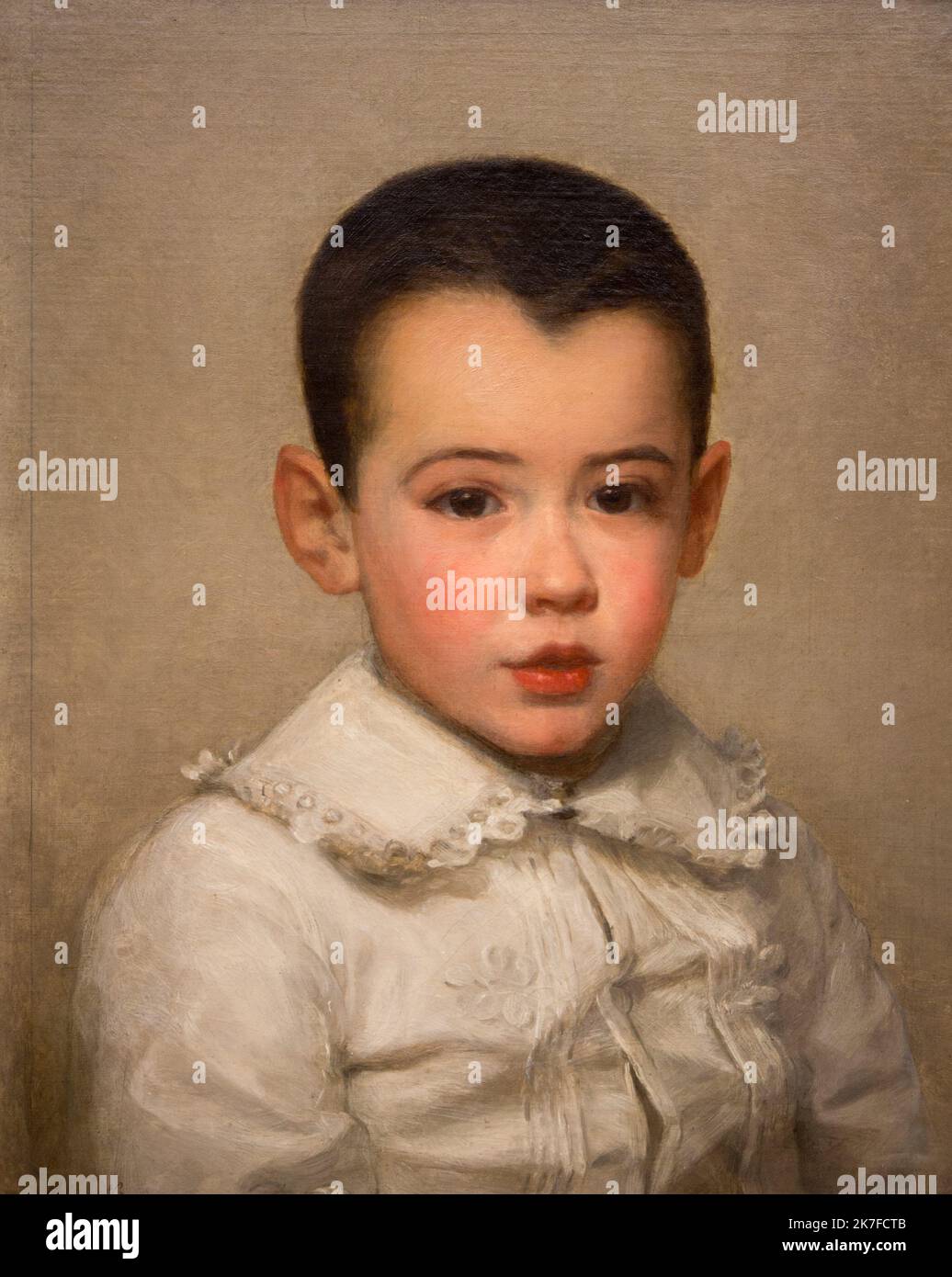 ©Active Museu/MAXPPP - ActiveMuseum 0006222.jpg / Portrait de Pierre Bracquemond enfant 1878 - / Marie Bracquemond / Peinture Active Museum / Le Pictorium Brown background ,Child ,Direct look ,Impressionism ,Lace ,Portrait ,Vertical ,White shirt ,Pierre Bracquemont ,19th century ,Marie Bracquemond ,Painting ,  Stock Photo