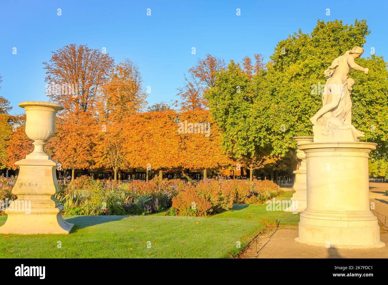 Tuileries gardens relax area at autumn sunrise, Paris, France Stock Photo