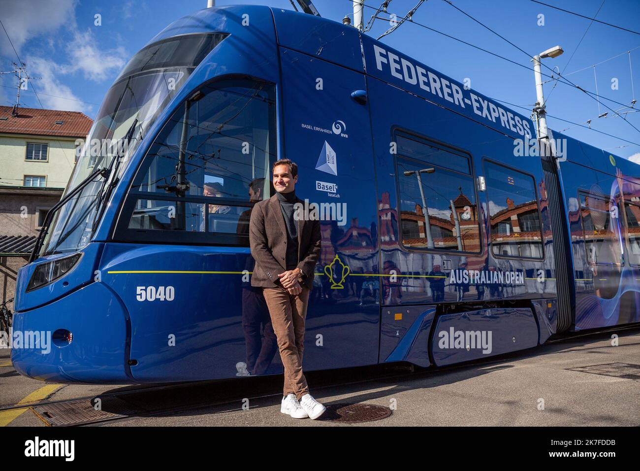 ©BVB-Francois Glories/MAXPPP - Roger now has a tram in his honour, the "Federer Express". Tennis champion Roger Federer now has a tram that pays tribute to him. The Basel public transport company inaugurated a tram decorated with photos of the tennis player's achievements on Friday. Roger Federer himself was present to celebrate the launch of tram number 5040 in the city of Basel. Stock Photo