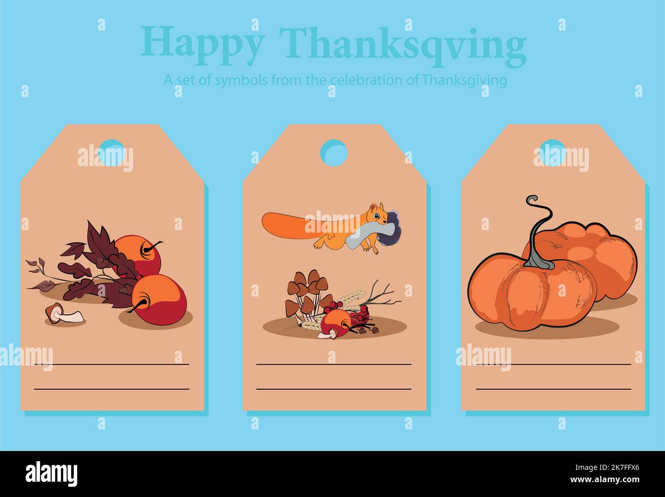 Collection of thanksgiving gift tags with lettering, turkey, pumpkins, autumn leaves, pilgrim hat Stock Vector