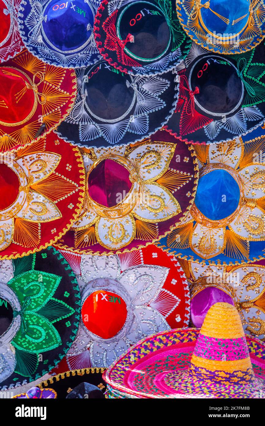 Colorful Mexican Hats souvenirs in a row, Sombreros in Cancun, Mexico