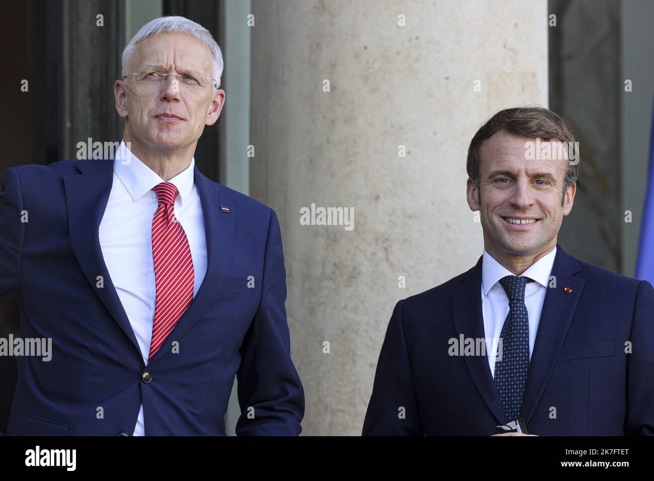 ©Sebastien Muylaert/MAXPPP - French President Emmanuel Macron poses with Latvian Prime Minister Krisjanis Karin before their working lunch at the Elysee presidential palace in Paris, France. 01.12.2021 Stock Photo