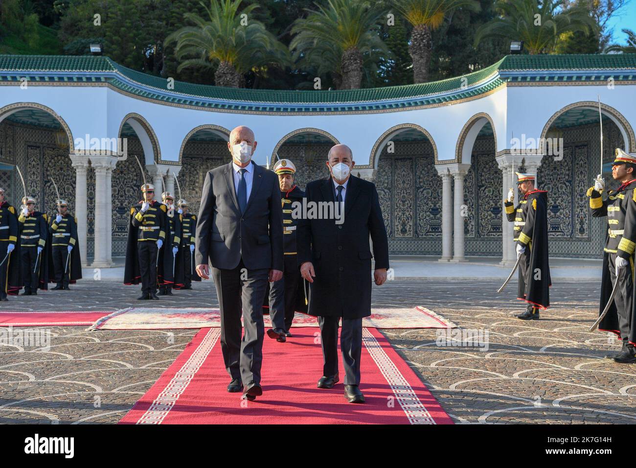 ©Yassine Mahjoub/MAXPPP - Algerian President Abdelmadjid Tebboune begins a two-day state visit to Tunisia on Wednesday December 15 and 16 at the invitation of his Tunisian counterpart, KavØs SavØed, who received him at Tunis-Carthage airport and the palace of Carthage. The official visit of the Algerian President aims to 'strengthen the bonds of brotherhood and the relations of cooperation and partnership as well as to consolidate consultation and coordination between the leaders of the two countries on topical regional and international issues. Tunisian presidency.  Stock Photo