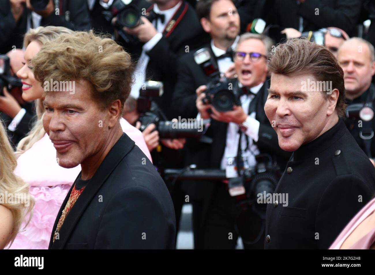 ©Pierre Teyssot/MAXPPP ; FILE PICTURE - Cannes Film Festival 2018 - 71st edition - Day 8 - May 15 in Cannes, on May 15, 2018; Screening of 'Solo: A star Wars Story; Grichka Bogdanoff is died on the 28th of December 201, in Paris at the age of 72, probably from Covid-19. On the red carpet, posing for photographer, Grichka Bogdanoff (right) and left his brother Igor Bogdanoff. Â© Pierre Teyssot / Maxppp  Stock Photo