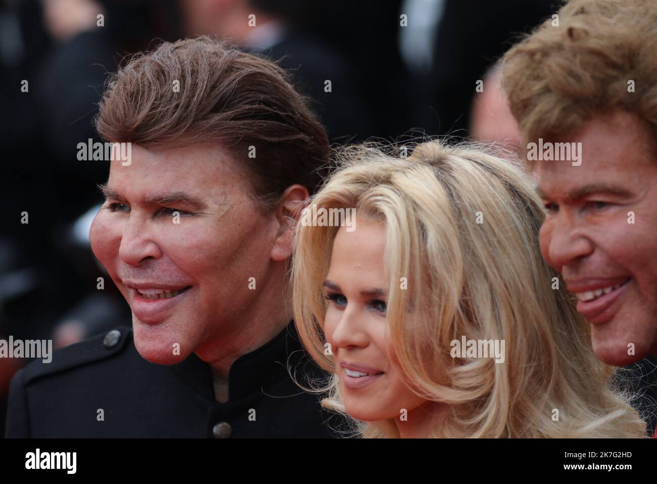 ©Pierre Teyssot/MAXPPP ; FILE PICTURE - Cannes Film Festival 2018 - 71st edition - Day 8 - May 15 in Cannes, on May 15, 2018; Screening of 'Solo: A star Wars Story; Grichka Bogdanoff is died on the 28th of December 201, in Paris at the age of 72, probably from Covid-19. On the red carpet, posing for photographer, Julie Jardon, Grichka Bogdanoff (left) and right his brother Igor Bogdanoff. Â© Pierre Teyssot / Maxppp  Stock Photo