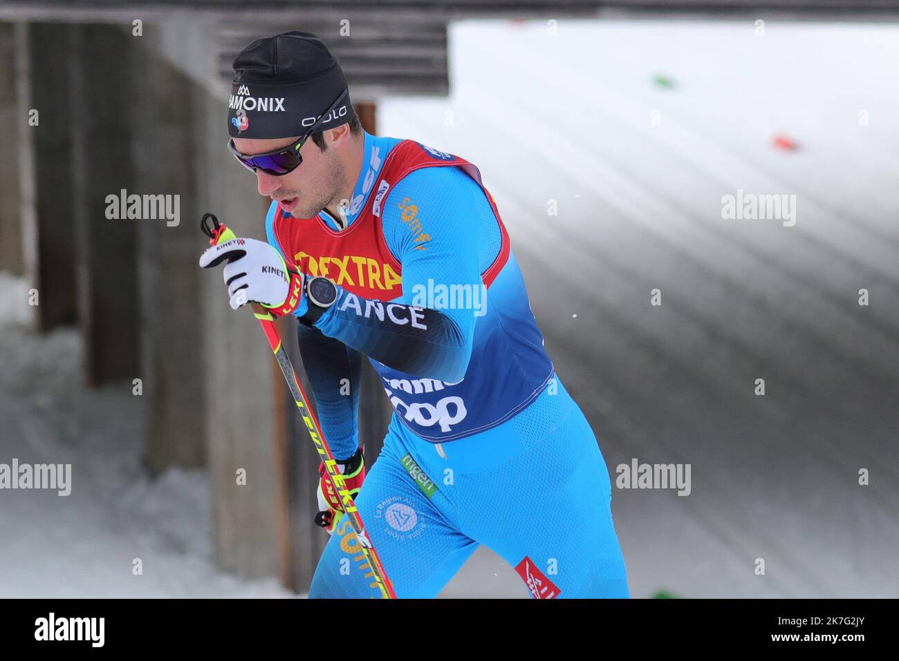 ©Pierre Teyssot/MAXPPP ; Tour de ski - FIS Cross Country Skiing World Cup 2022 under Covid-19 Pandemic. Lago di Tesero, Val Di Fiemme, Italy on January 3, 2022. In action Martin Collet (FRA). Â© Pierre Teyssot / Maxppp  Stock Photo