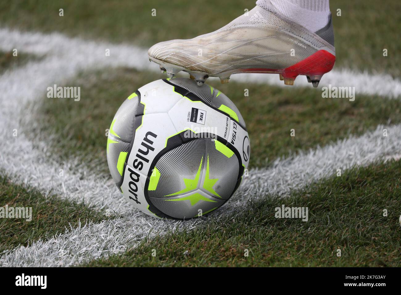 fans and supporters of RC Lens pictured with a banner with RC Lens Coupe  d'Europe Devils on it during a soccer game between t Racing Club de Lens  and AC Ajaccio, on