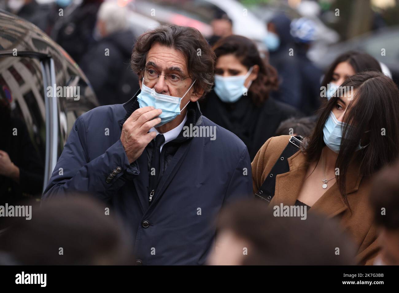 ©PHOTOPQR/LE PARISIEN/LP / Arnaud Journois ; PARIS ; 10/01/2022 ; OBSEQUES DES FRERES IGOR ET GRICHKA BOGDANOFF A LA MADELEINE A PARIS LUC FERRY - Paris, France, jan 10th 2021. Igor and Grichka Bogdanoff, known as brothers Bogdanoff, funerals Twin brothers died six days apart from Covid-19 A mass in homage to Igor and Grichka Bogdanoff will be celebrated Monday at 3 p.m. in the Madeleine church in Paris, the family announced on Wednesday in a statement. 'Their burial will take place in strict privacy,' adds the short text sent by the agent of the famous twins carried away by the Covid-19 six d Stock Photo