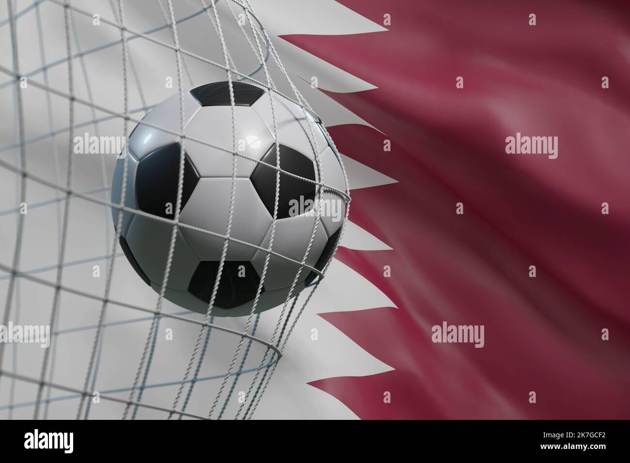 Soccer ball, scoring the goal and moving the net on the flag of Qatar