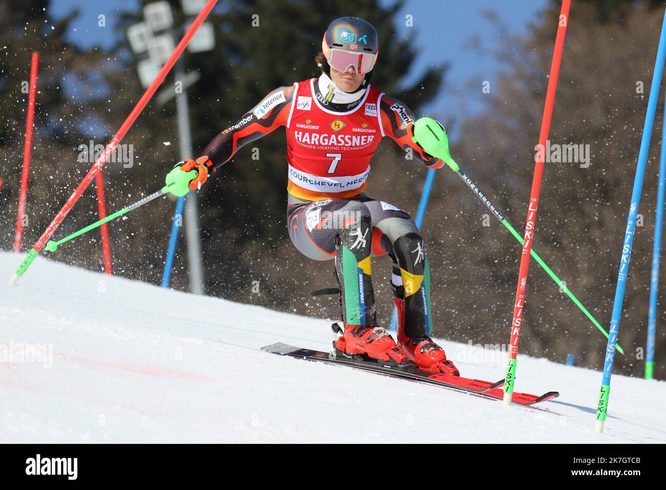 ©Pierre Teyssot/MAXPPP ; FIS Alpine Ski World Cup Finals - Courchevel Meribel - . Meribel, France on March 20, 2022. Run 1 Men's Slalom, Lucas Braathen (NOR) in action. Â© Pierre Teyssot / Maxppp  Stock Photo