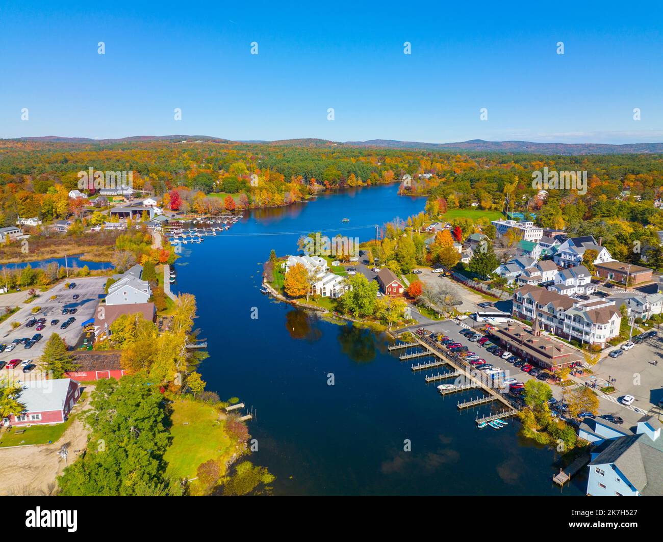 Wolfeboro historic town center at Back Bay at Lake Winnipesaukee aerial