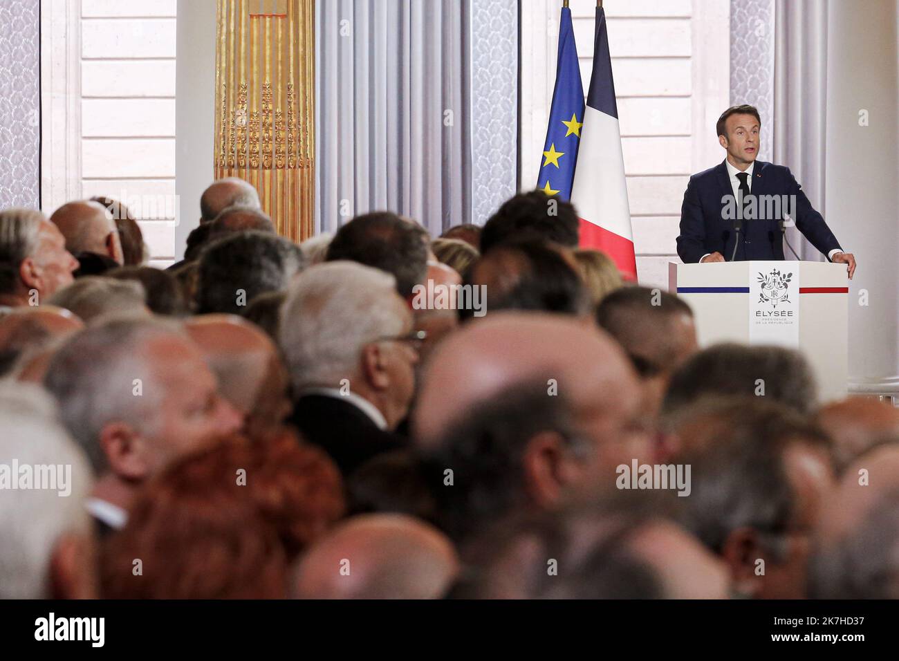 ©Sebastien Muylaert/MAXPPP - Paris 07/05/2022 Emmanuel Macron prononce un discours au palais de l'Elysee, lors de sa ceremonie d'investiture a la presidence de la Republique, suite à sa reelection le 24 avril dernier. Paris, 07.05.2022 - France, Paris, 2022-05-07. Inauguration ceremony of the President of the French Republic, Mr Emmanuel Macron, at the Elysee Palace.  Stock Photo