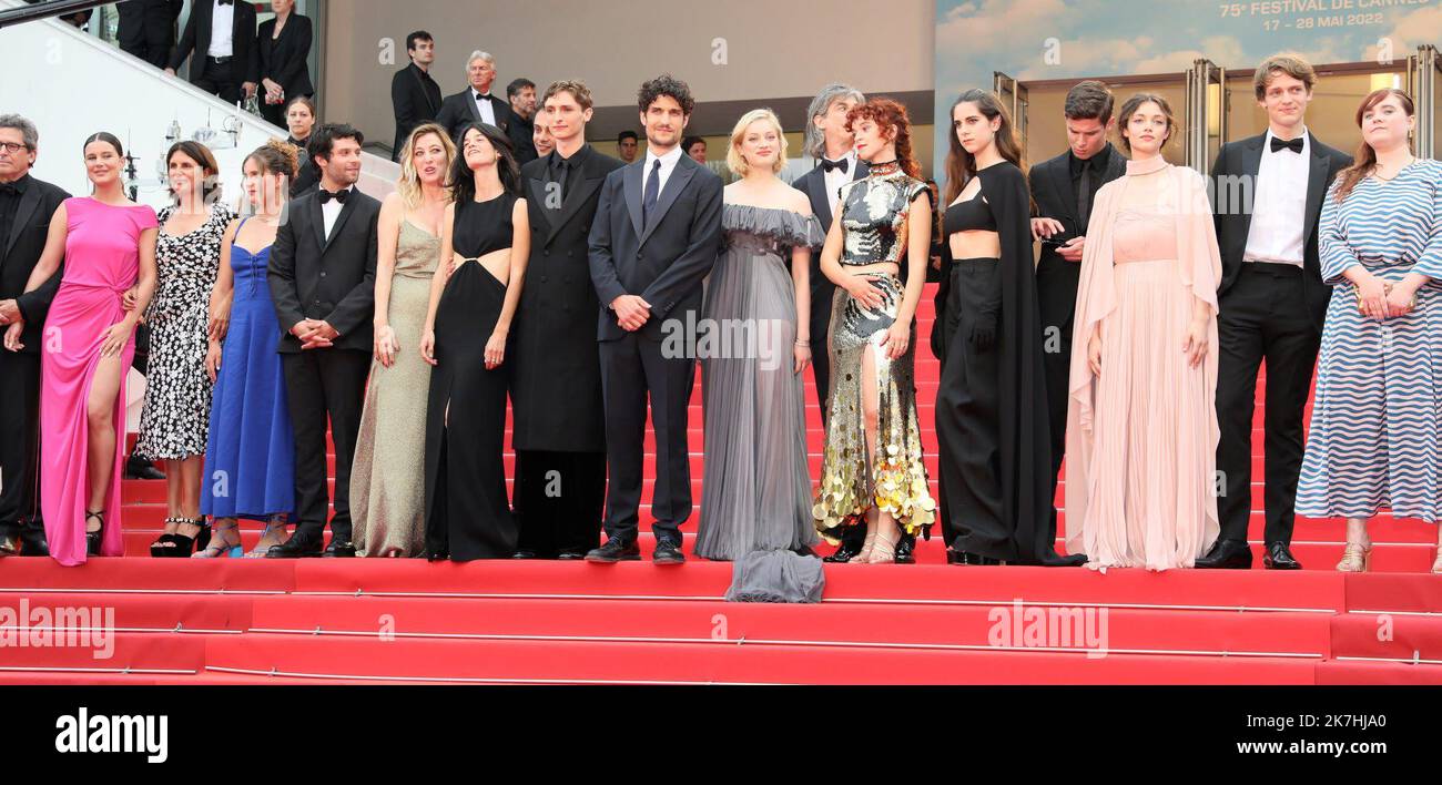©PHOTOPQR/NICE MATIN/Patrice Lapoirie ; Cannes ; 22/05/2022 ; From L) Film producer Patrick Sobelman, Actress Alexia Chardard, French actress Guilaine Londez, Actor Baptiste Carrion-Weiss, Italian-French director Valeria Bruni Tedeschi, French actress Suzanne Lindon , French actor Sofiane Bennacer, Actor Vassili Schneider, French actor Louis Garrel, French actress Nadia Tereszkiewicz, Actress Clara Bretheau, French actress Lena Garrel, Noham Edje, Eva Danino, Oscar Lesage and Liv Henneguier arrive for the screening of the film 'Forever Young (Les Amandiers)' during the 75th edition of the Can Stock Photo