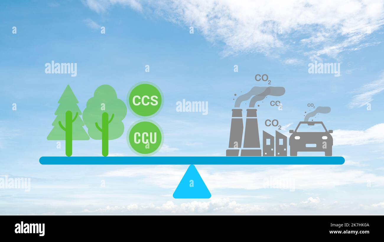 Carbon neutrality concept. Carbon dioxide reduction. CO2 gas emissions balance with carbon absorbed by trees and carbon capture technology. CO2 Stock Photo