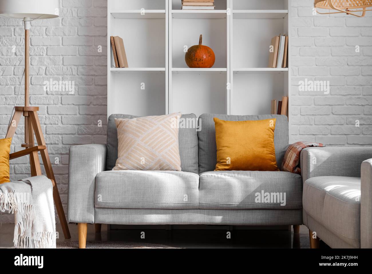 Interior of modern living room with grey sofa and shelving unit Stock ...