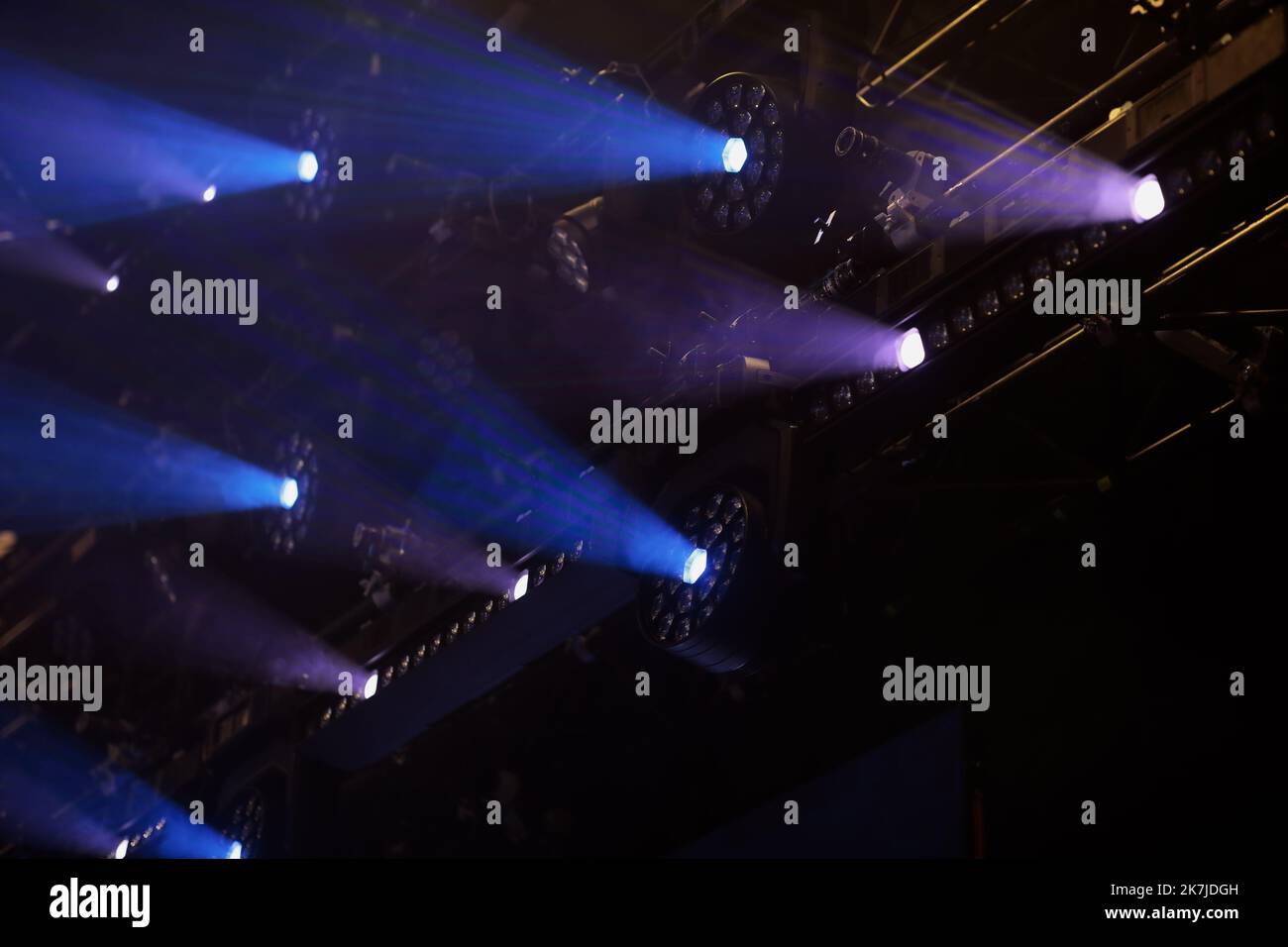 LED lighting fixtures hanging over concert stage. Selective focus Stock Photo Alamy