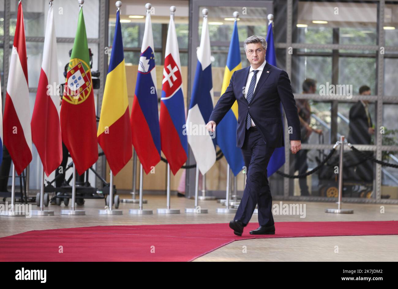 ©Nicolas Landemard / Le Pictorium/MAXPPP - Bruxelles 23/06/2022 Nicolas Landemard / Le Pictorium - 23/6/2022 - Belgique / Bruxelles / Bruxelles - Arrivee de Andrej Plenkovic au sommet europeen Union Europeenne - Balkans. / 23/6/2022 - Belgium / Brussels / Brussels - Arrival of Andrej Plenkovic at the EU-Balkans Summit. Stock Photo