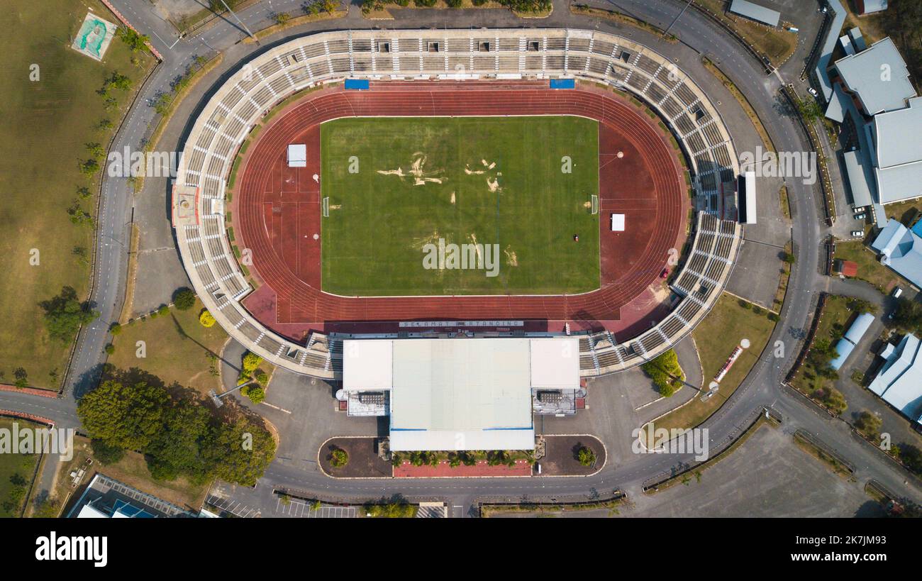 Aerial football training field, birds eye soccer game, top view of a