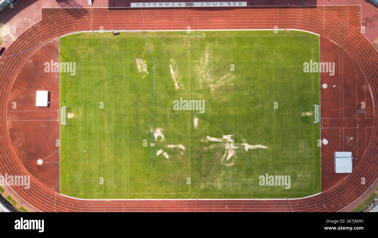 Aerial football training field, birds eye soccer game, top view of a