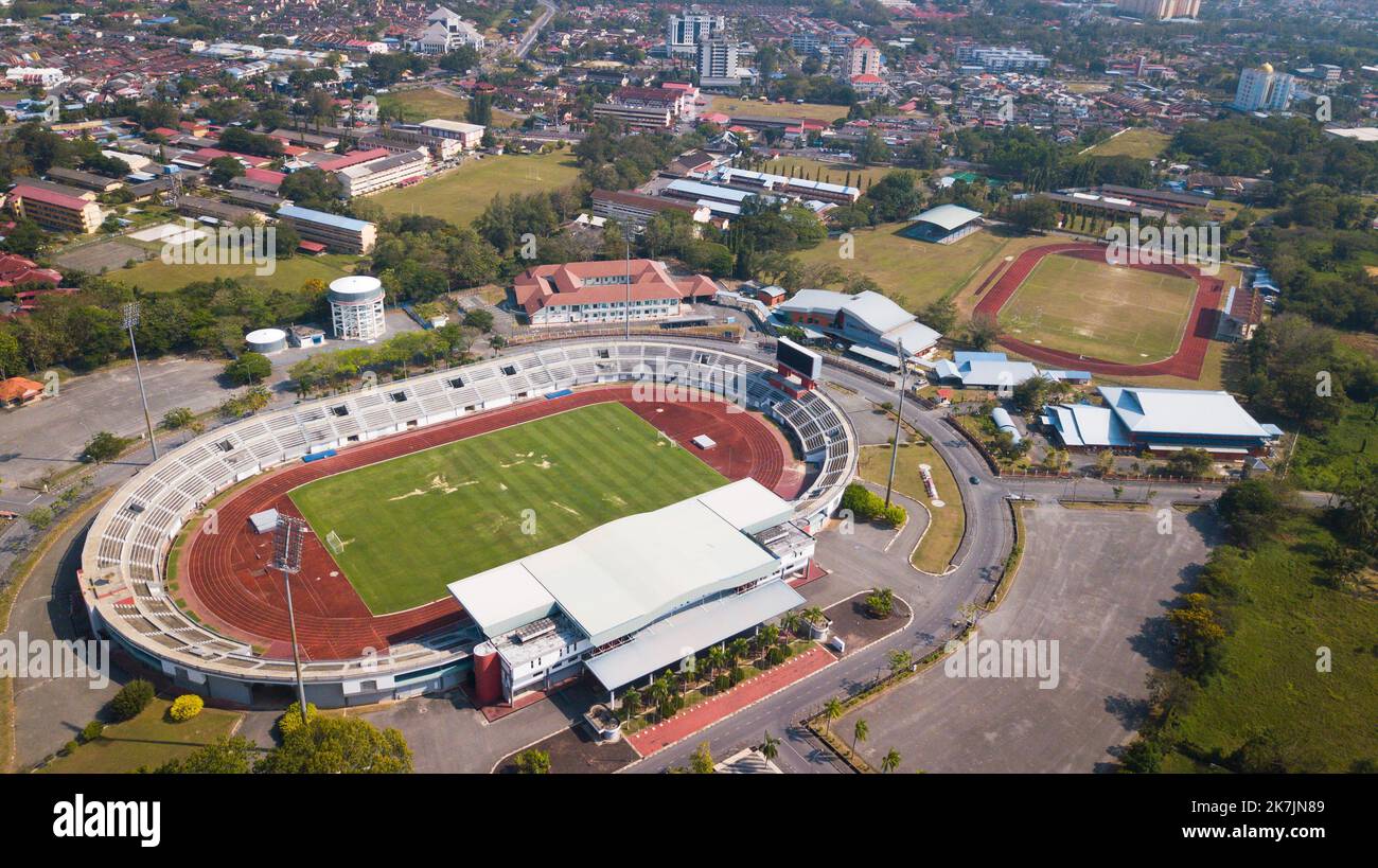 Aerial football training field, birds eye soccer game, top view of a