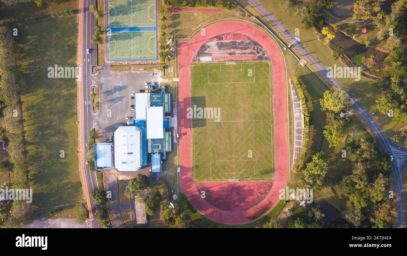 Aerial football training field, birds eye soccer game, top view of a