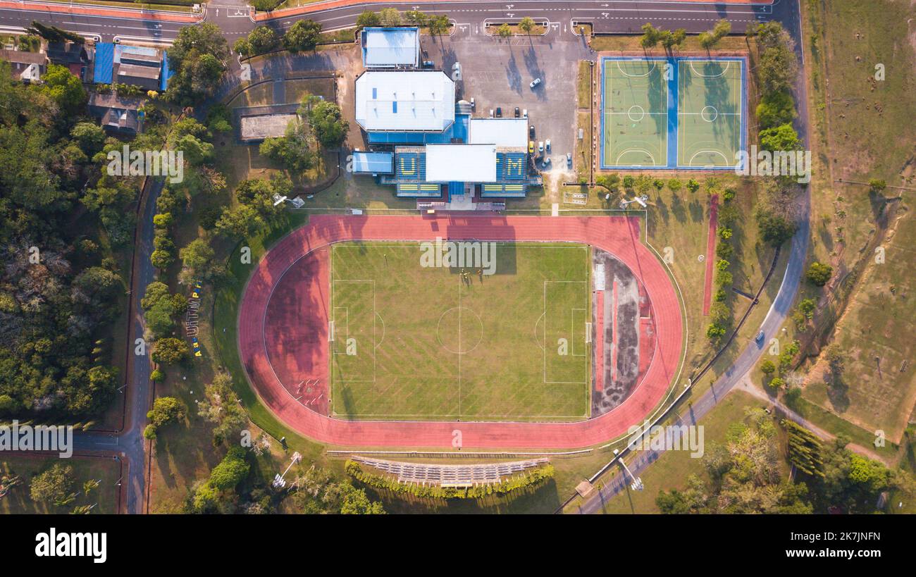 Aerial football training field, birds eye soccer game, top view of a