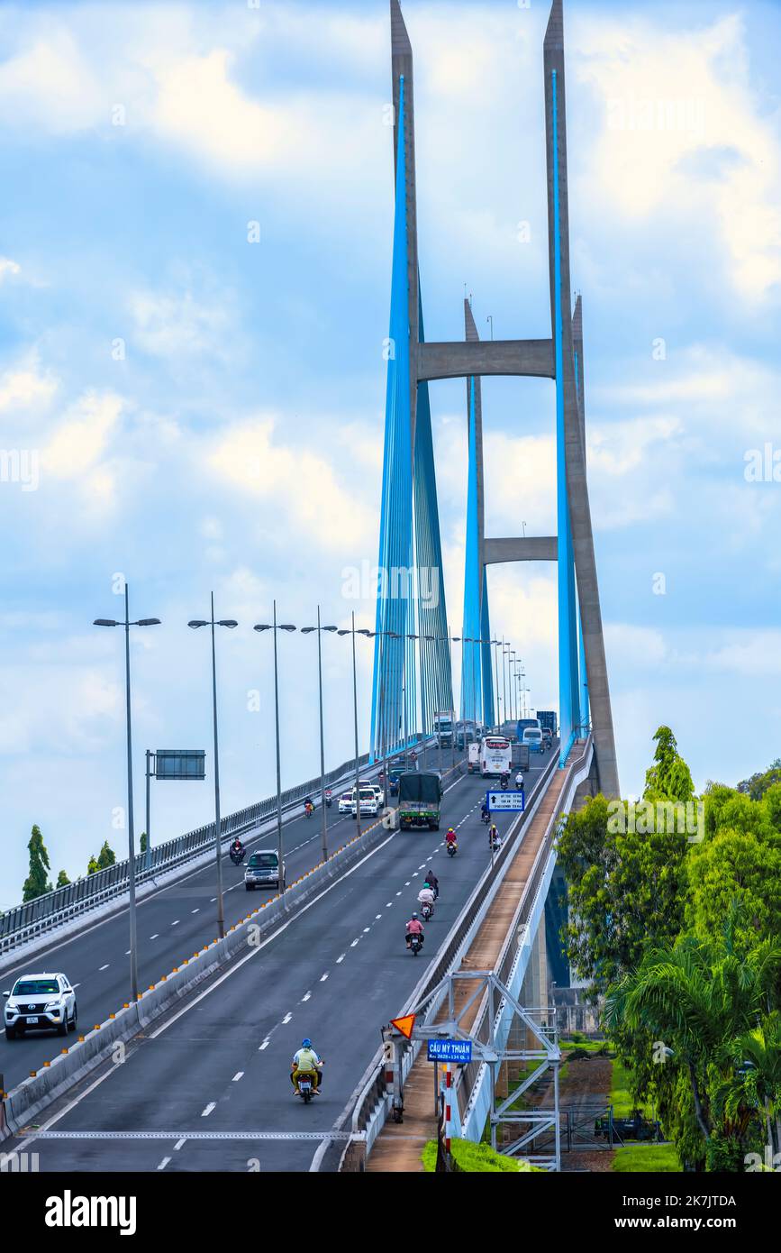 My Thuan bridge, Vinh Long city, Vietnam. Vinh Long bridge is famous bridge in mekong delta, Vietnam. Stock Photo