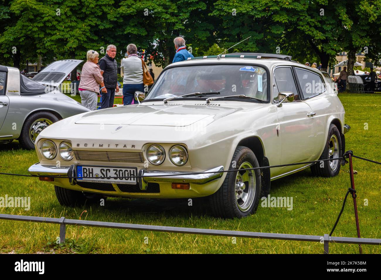 BADEN BADEN, GERMANY - JULY 2019: white beige RELIANT SCIMITAR GTE SE5 SE5A liftback hatchback sport car 1968 1975, oldtimer meeting in Kurpark. Stock Photo