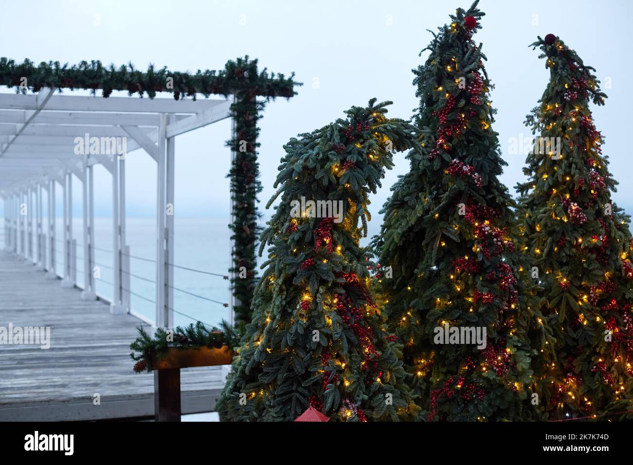 New Year and Christmas decorations on the seashore in winter. Yalta. Ate in garlands and beads. Front view. Stock Photo