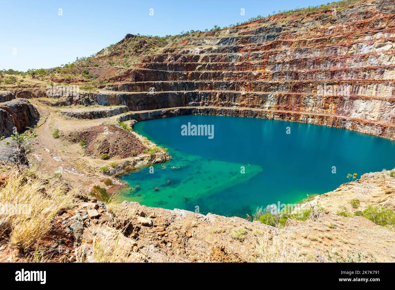 Mary Kathleen is an old abandonned uranium mine with toxic waters between Mount Isa and Cloncurry, North Western Queensland, QLD, Australia Stock Photo