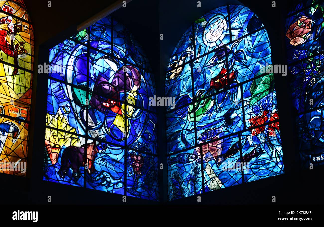 Stained glass Chagall Windows at the Abbell synagogue at the Hadassah