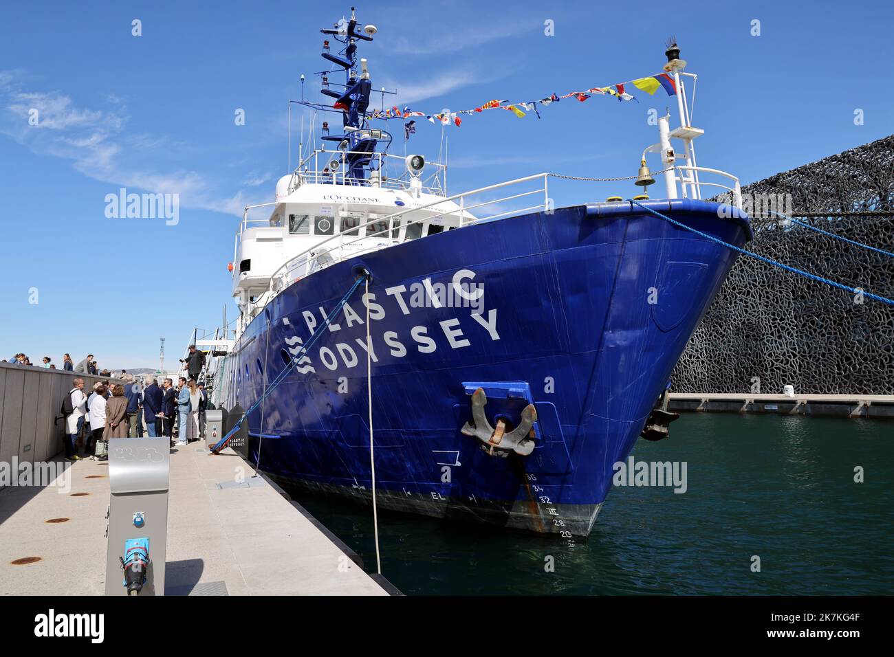 ©PHOTOPQR/LA PROVENCE/VALLAURI Nicolas ; Marseille ; 30/09/2022 ; Esplanade J4 (devant le Mucem) à Marseille Cérémonie officielle de présentation et baptême du navire Plastic Odyssey Il lutte contre la pollution plastique en mer et part de Marseille demain samedi 1er octobre pour un tour du monde de trois ans The 'Plastic Odyssey' ship moored in Marseille's harbour, on September 23, 2022. Plastic Odyssey is an initiative of young French engineers who are developing solutions to recycle 100% of the plastic. Stock Photo