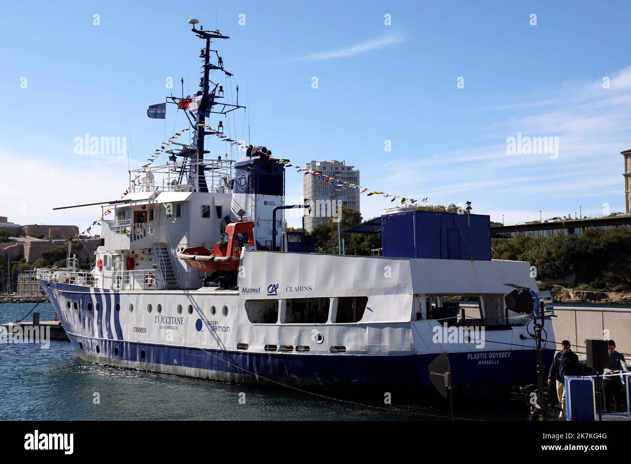 ©PHOTOPQR/LA PROVENCE/VALLAURI Nicolas ; Marseille ; 30/09/2022 ; Esplanade J4 (devant le Mucem) à Marseille Cérémonie officielle de présentation et baptême du navire Plastic Odyssey Il lutte contre la pollution plastique en mer et part de Marseille demain samedi 1er octobre pour un tour du monde de trois ans The 'Plastic Odyssey' ship moored in Marseille's harbour, on September 23, 2022. Plastic Odyssey is an initiative of young French engineers who are developing solutions to recycle 100% of the plastic. Stock Photo