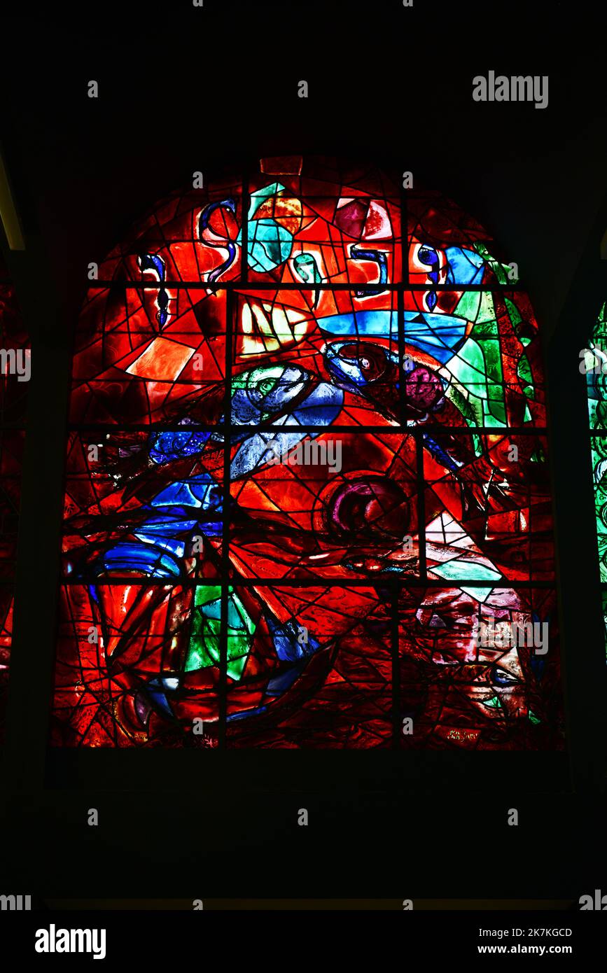Stained glass Chagall Windows at the Abbell synagogue at the Hadassah