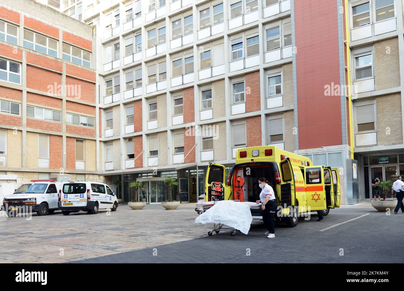 Ambulances parked by the ER of Hadassah medical center in Jerusalem, Israel. Stock Photo